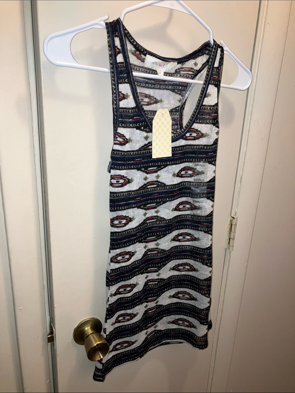 W.F. Patterned Racerback Tank Top - Navy, White & Red Small New